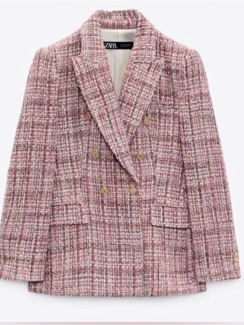 Zara Pink Tweed Double-Breasted Blazer